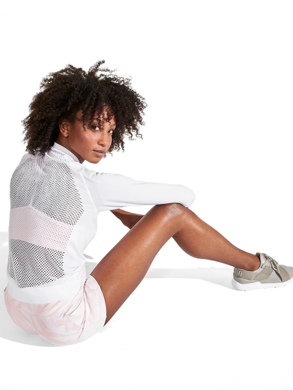 EUC Athleta White Trophy Laser-Cut Back Long Sleeve Athletic Top